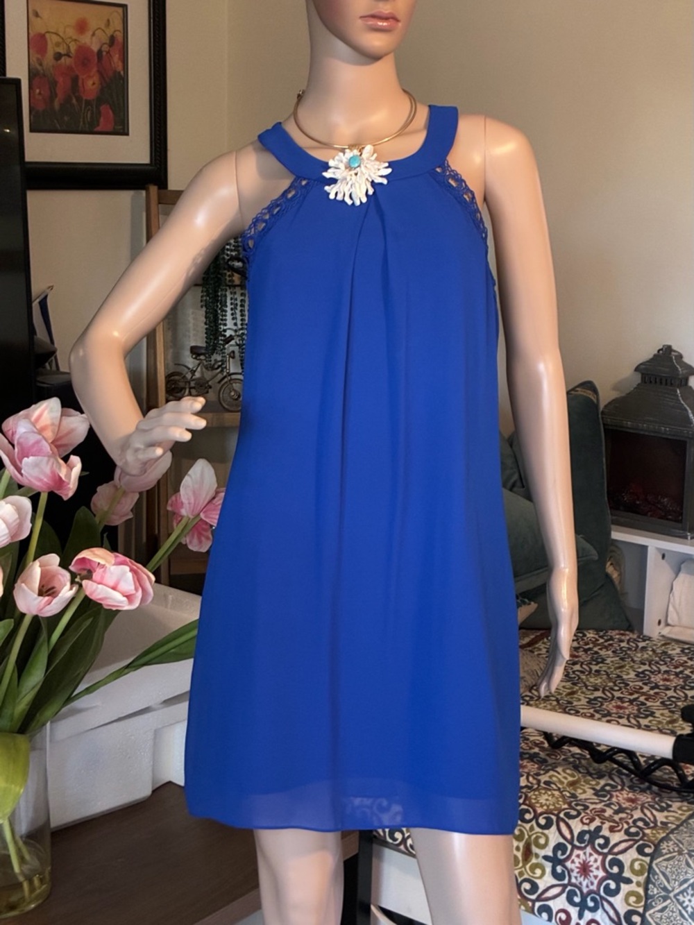BCX Royal Blue Sleeveless Shift Dress with Lace Yoke